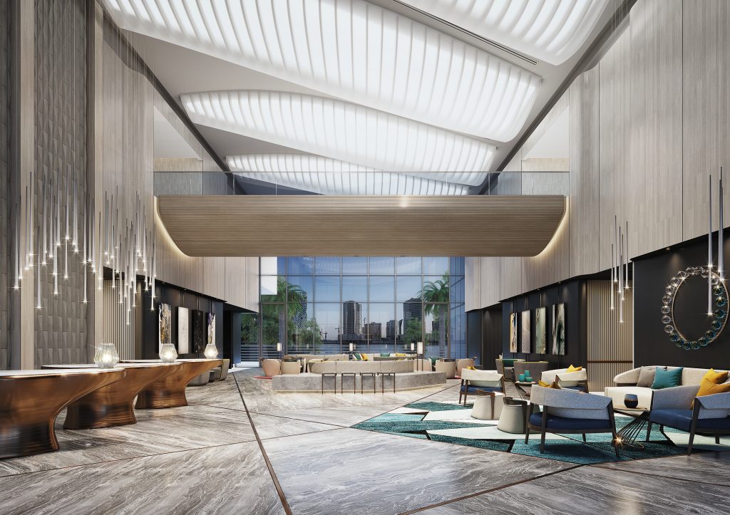 Lobby of the Crowne Plaza Hotel, Business Bay, Dubai, UAE designed by dwp | design worldwide partnership